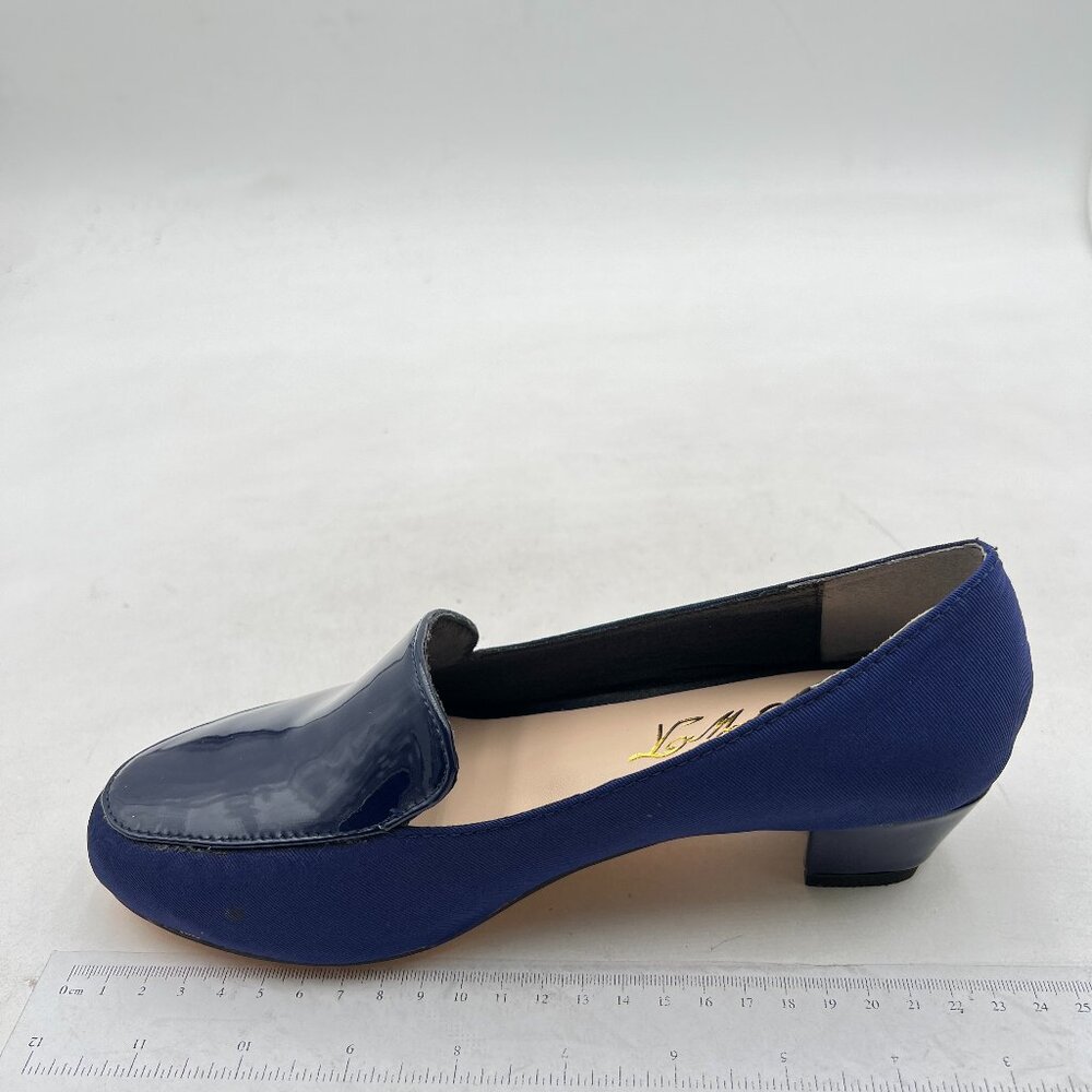 FOWT Navy Crocodile Slip On Side V Cut Loafers Almond Toe Chunky Heel Pumps